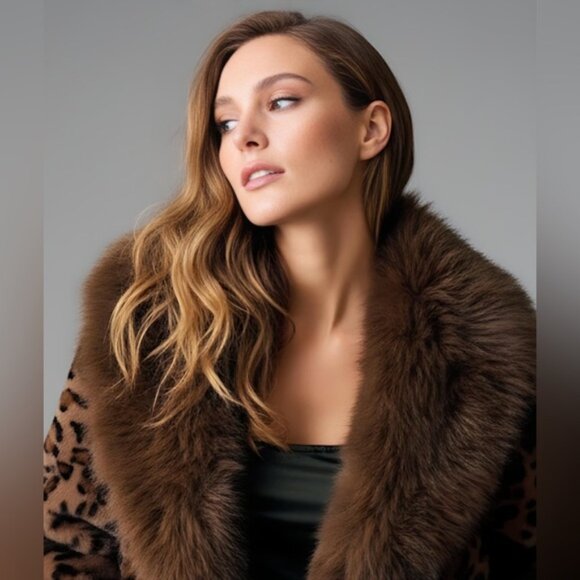 Leopard Pattern Faux Fur Belted Coat Brown - Picture 2 of 11